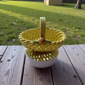 Spanish Yellow Woven Porcelain Basket with Handle and Flowers